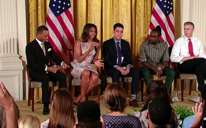 First Lady Michelle Obama and 1vyG co-founder Manuel Contreras in conversation at the White House
